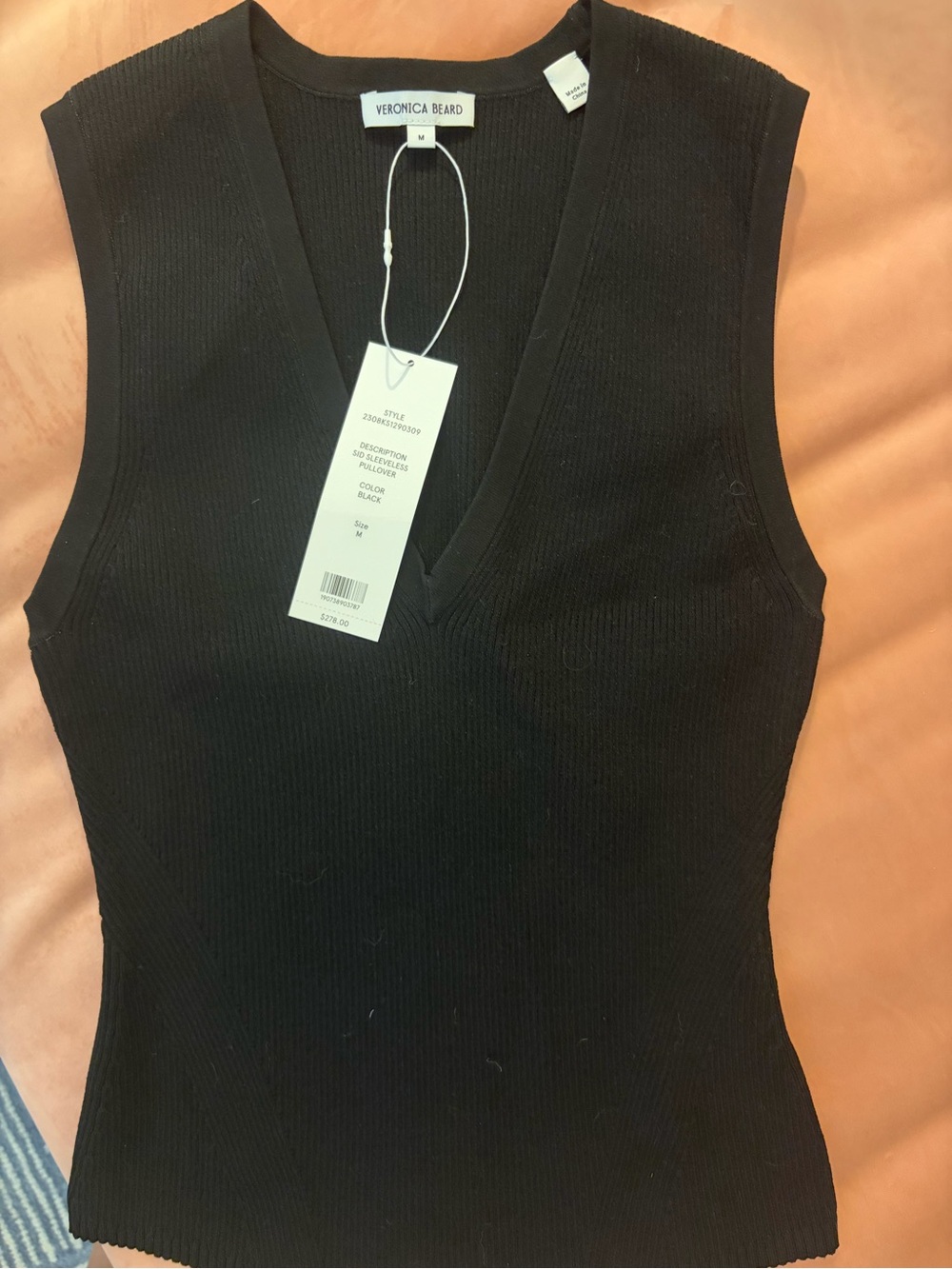 Veronica Beard Black Ribbed V-Neck Tank Top